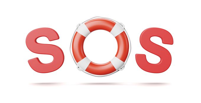SOS Text with Lifebelt Isolated on White Background 3D Illustration