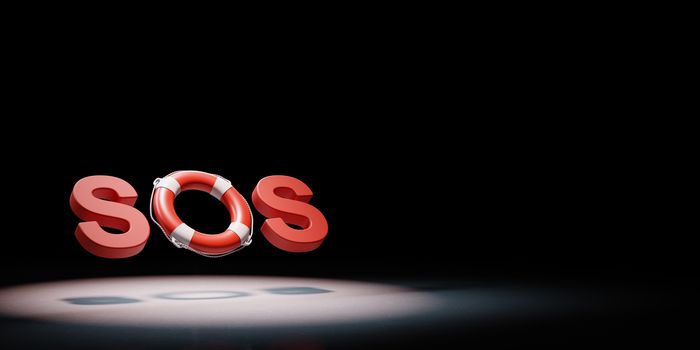SOS Text with Red and White Lifebelt Spotlighted on Black Background with Copy Space 3D Illustration