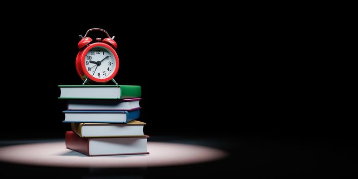 Stack of Books with Alarm Clock Spotlighted on Black Background with Copy Space 3D Illustration