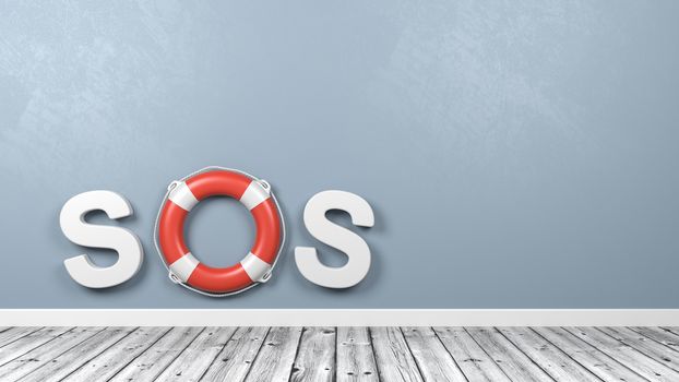 SOS Text with Lifebuoy on Wooden Floor Against Blue Wall with Copy Space 3D Render