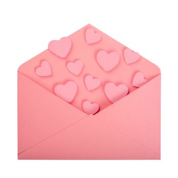 Pink love letter and wooden painted hearts isolated on white background