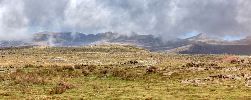 panorama of beautiful landscape, Ethiopian Bale Mountains National Park. Ethiopia wilderness pure nature. Sunny day with blue sky.