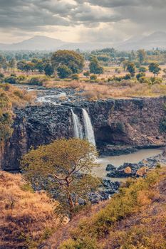 Blue Nile Falls in dry season with evenin dramatic sky. Ethiopia wilderness, Amhara Region, near Bahir Dar and Lake Tana