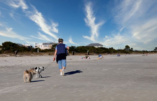 A woman walking two dogs down a wide beach on a sunny day