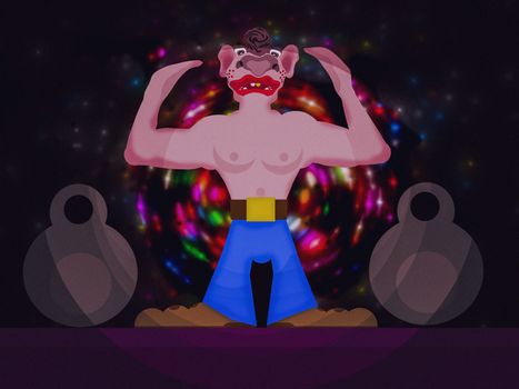 Super weight athlete, a joke abstract image of a merry man who sets records for lifting gyrs