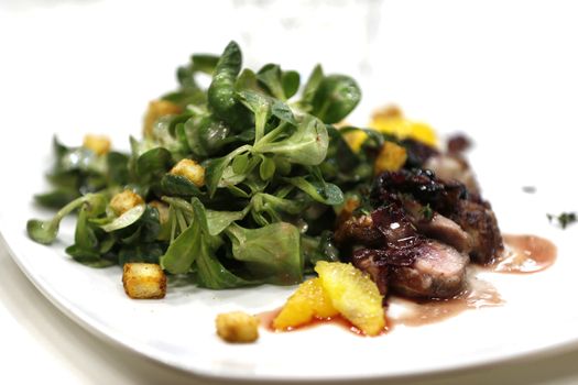 Greens with grilled meat.Beautiful food on a white plate