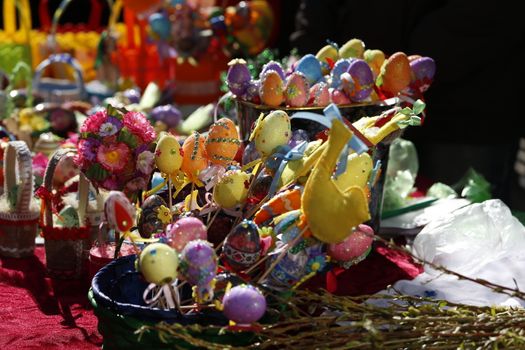 Palm Sunday.Easter decorations, colorful souvenirs, eggs.Easter souvenirs