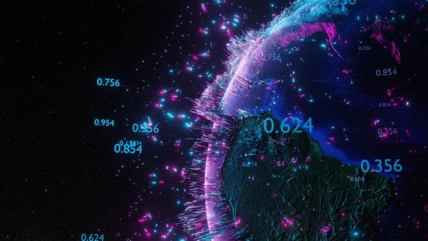 Abstract futuristic planet Earth surrounded by virtual elements. Dots, numbers and lines. Element of this image furnished by NASA. 3D rendering. Technology concept