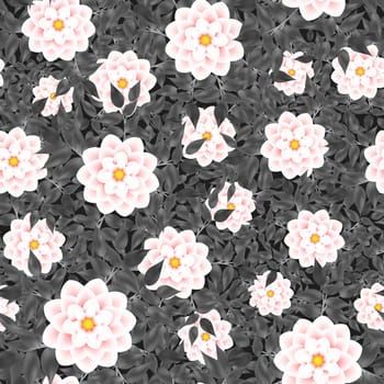 Elegant fantasy floral seamless pattern. White flowers with red color. Silvery leaves on a dark gray background.