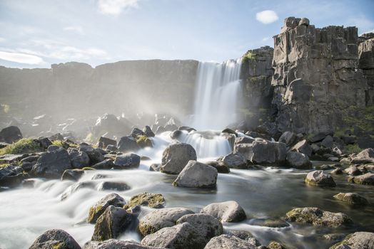 Öxarárfoss Waterfall in Þingvellir National Park, Reykjanes Peninsula, Iceland