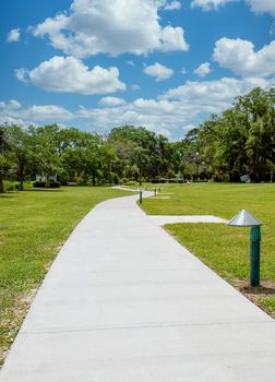 A sidewalk through the grass leading into the trees