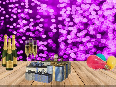 Happy new year party table with champagne presents balloons and a purple confetti light background