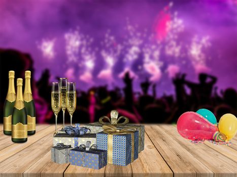 Happy new years party table with champagne presents and balloons with partying crowd and fireworks background