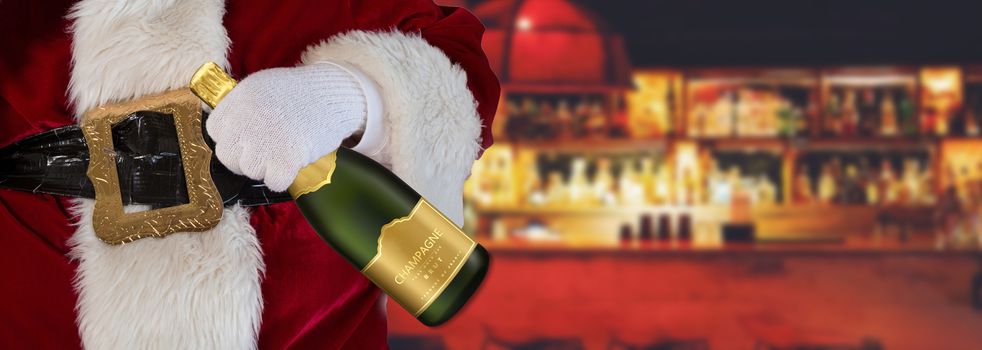 Christmas concept Santa Claus at the bar holding a champagne bottle with pub and alcoholics background