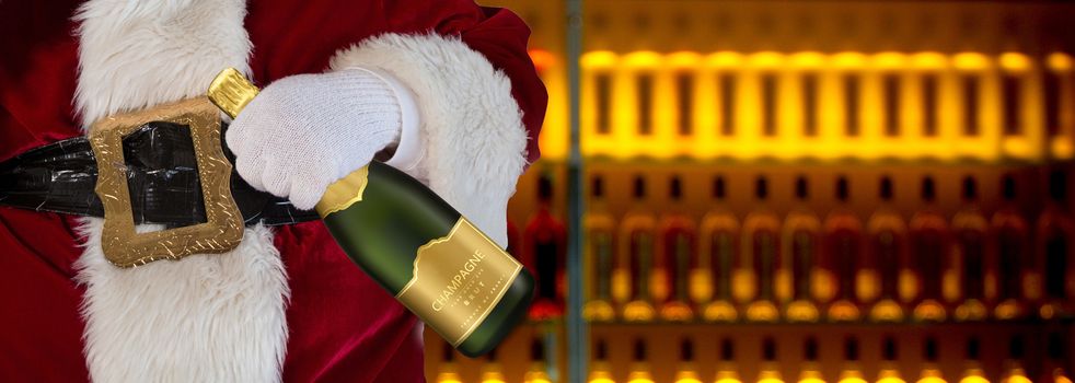 Santa claus in the liquor store holding a champagne bottle with alcoholic drinks background