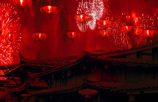 Chinese new year celebration chinese rooftops with lanterns in the sky and fireworks with red smoke amazing background