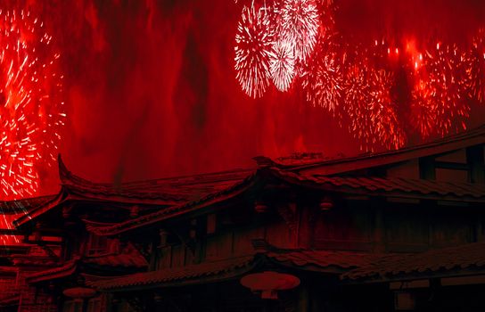 China concept chinese new year celebration background with chinese rooftops and fireworks with red smoke