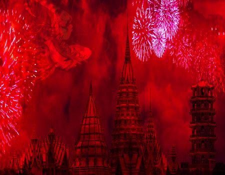 China tradition chinese new year celebration concept chinese towers with fireworks and a big dragon in the sky amazing background