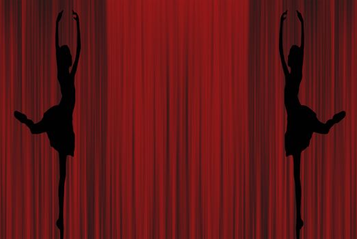 two ballerina silhouettes of young ballet lady's dancing on pointe in attitude derriere on a red curtain background