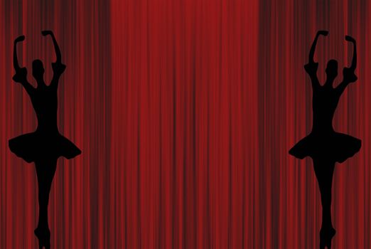 two ballet ballerinas dancing on pointe shoes silhouettes on a red theater stage curtain background