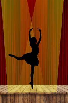 Ballerina silhouette of a young ballet lady dancing on pointe in attitude derriere position on stage in the spotlight with a red curtain background