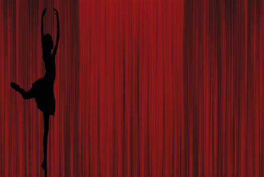 elegant ballerina silhouette of a young lady dancing on pointe shoes in attitude derriere on a red curtain background