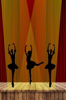 ballet girls silhouettes of dancing ballerinas on stage in the spotlight with a red curtain background