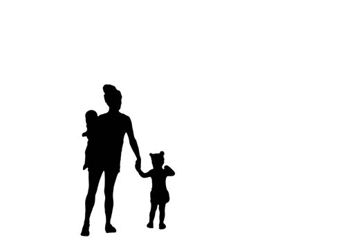 family silhouette of a mother carrying a baby and holding hands with her little girl isolated on a white background