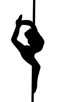 sexy young stripper girl hanging in a dancing pole and bending her leg black illustration isolated on a white background