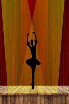 Ballerina silhouette of young dancing elegant ballet girl on pointe shoes on stage in the spotlights with a red curtain background