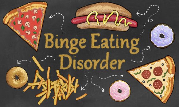 Binge Eating Disorder illustrated with Junk Food such as Pizza, French Fries and Hot Dog