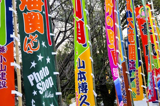 Flags outside the Sumo-stadium in Tokyo, Japan