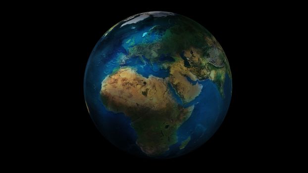 Earth from space on black background showing Africa, Europe and Asia. The day half of the Globe.