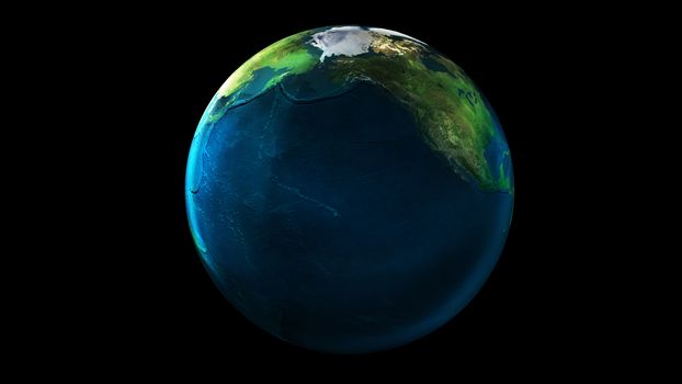 Earth from space on black background showing North America and Asia. The day half of the Globe.