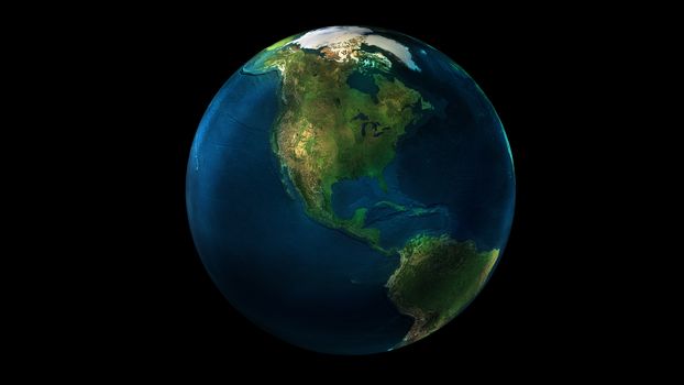 Earth from space on black background showing North and South America. The day half of the Globe.