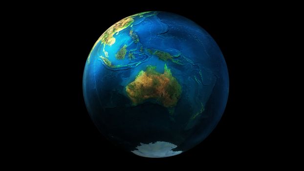 Earth from space on black background showing Asia, Oceania, Australia and Antarctica. The day half of the Globe.