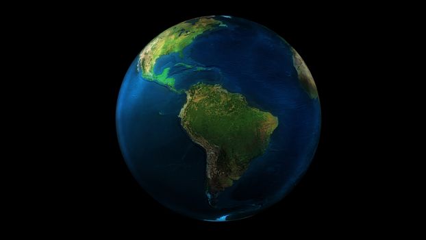 Earth from space on black background showing North and South America. The day half of the Globe.