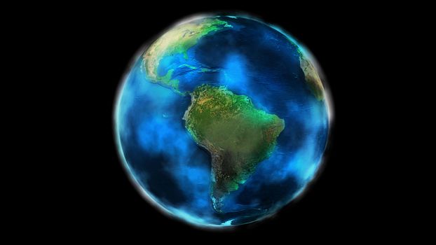 Earth from space covered with clouds on black background showing North and South America. The day half of the Globe.