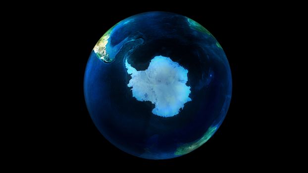 Earth from space on black background showing Antarctica. The day half of the Globe.