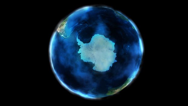 Earth from space covered with clouds on black background showing Antarctica. The day half of the Globe.