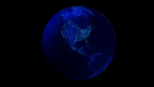 Earth from space on black background showing North and South America. The night half of the Globe.