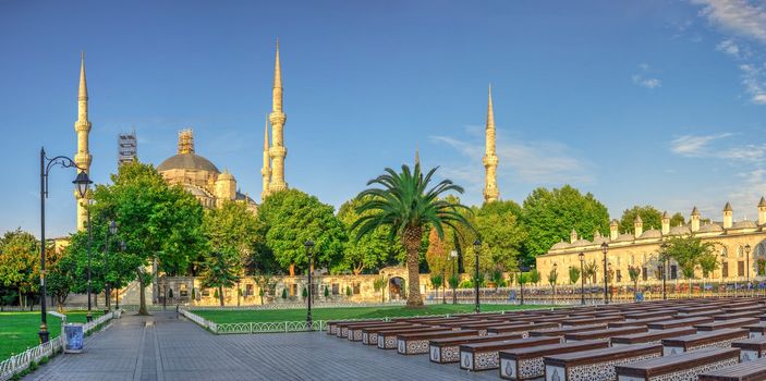 Istambul, Turkey – 07.13.2019. The Sultan Ahmad Maydan with the Blue Mosque in background on a cloudy summer day, Istanbul, Turkey