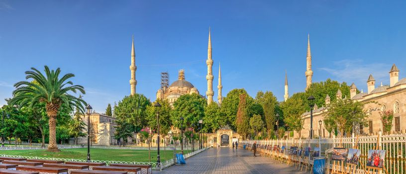 Istambul, Turkey – 07.13.2019. The Sultan Ahmad Maydan with the Blue Mosque in background on a cloudy summer day, Istanbul, Turkey