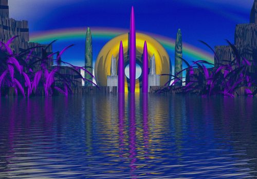 3D image of alien architectural structures, abstract textured image of beautiful buildings that reflect on water