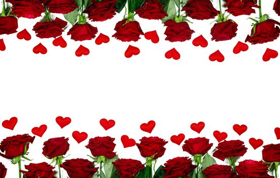 Red roses and the paper hearts border frame isolated on white background, Valentine's Day