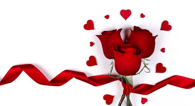 Valentines day hearts and red rose flowers isolated on white background