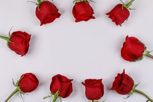 Red rose flowers frame composition on white background top view with copy space. Valentine's day, birthday, wedding, Mother's day concept. Copy space