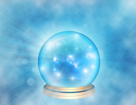 Mystic foggy blue background. Shiny magic ball with golden base, light rays. Outer space in the bright sphere.