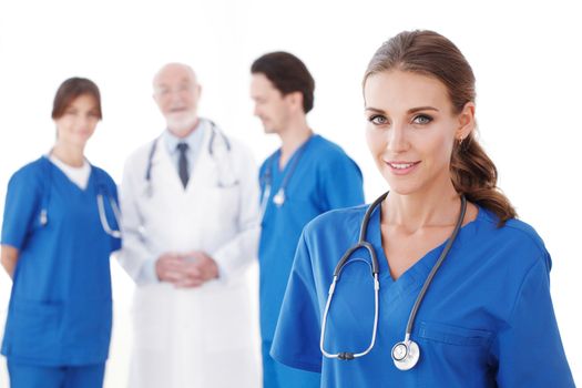 Group of happy successful colleagues doctors studio isolated on white background