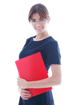 Portrait of happy smiling young business woman in glasses with red folder, isolated on white background